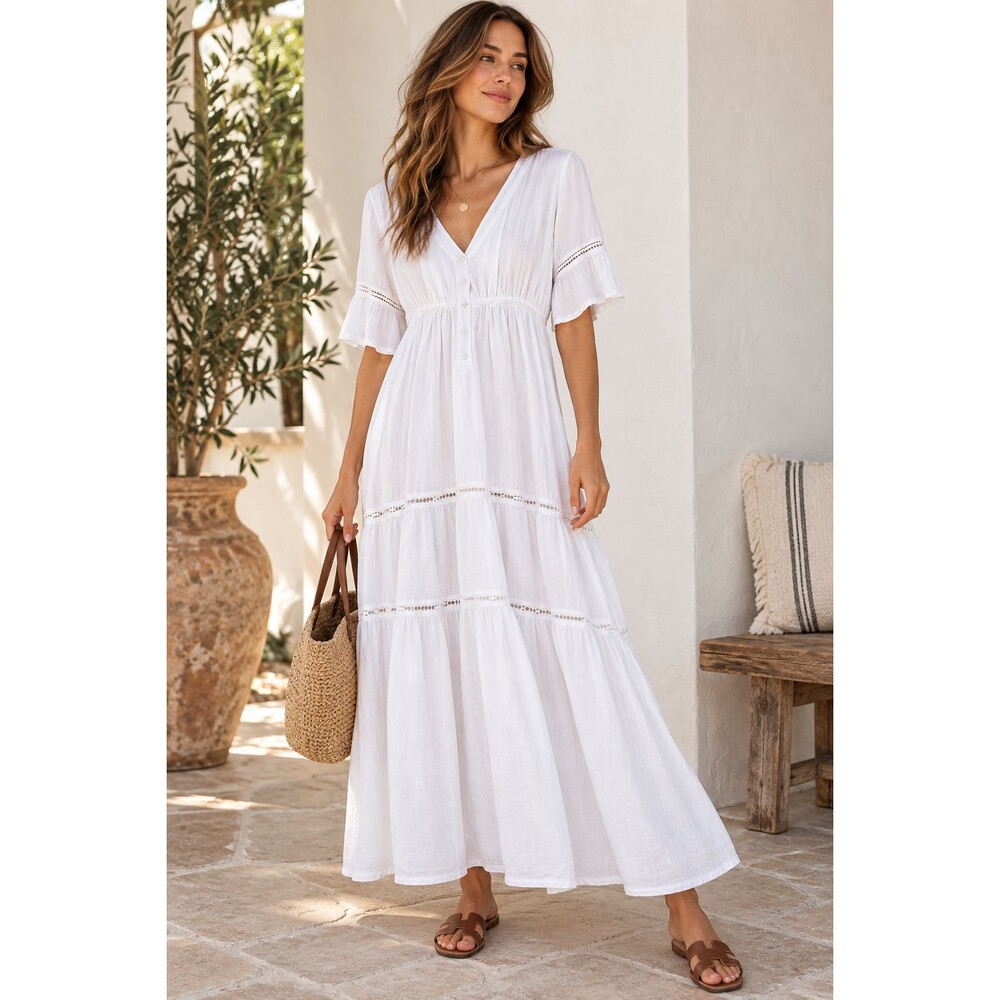 Sundry Womens 1 White Maxi Dress Tiered Cotton Gauze V Neck Boho Lace Trim